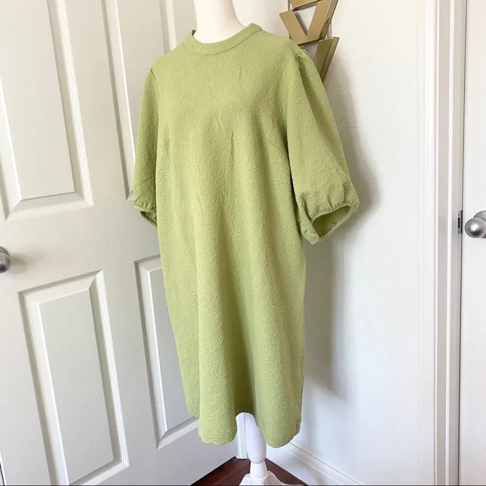 NWT Samsoe Junis ss TarragonâCrew Neck Textured Puff SleeveâDress - Picture 6 of 16